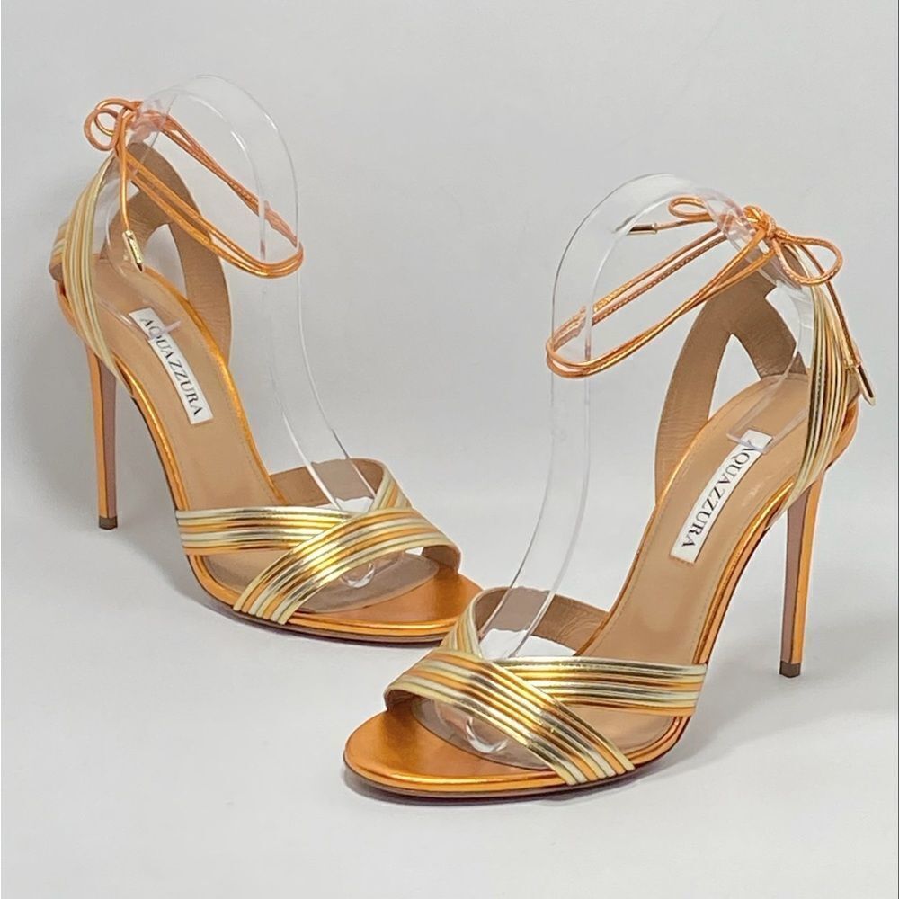 Aquazzura Ari Metallic Leather Ankle-Tie Sandals size 38.5